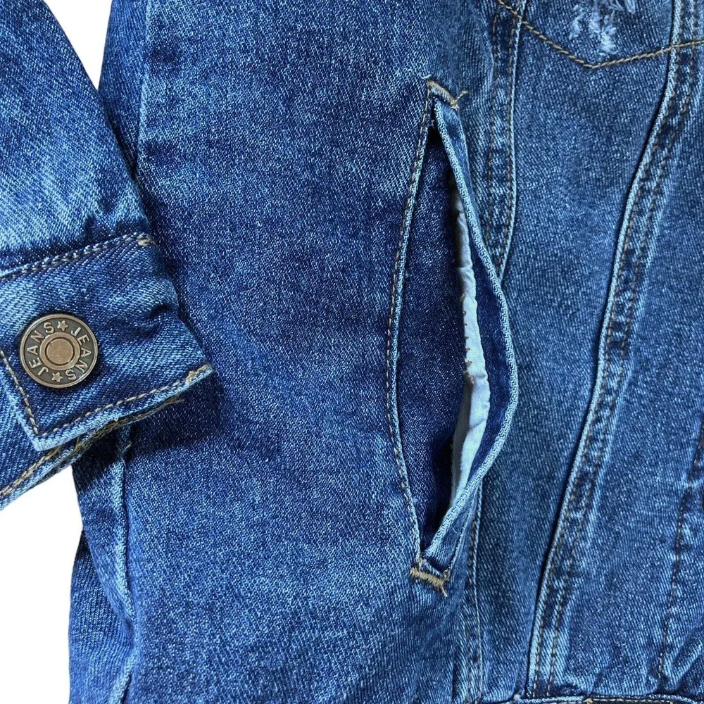 Denim Jacket Womens Small Sherpa Lined Trucker Distressed Fur Collar Cotton Poly